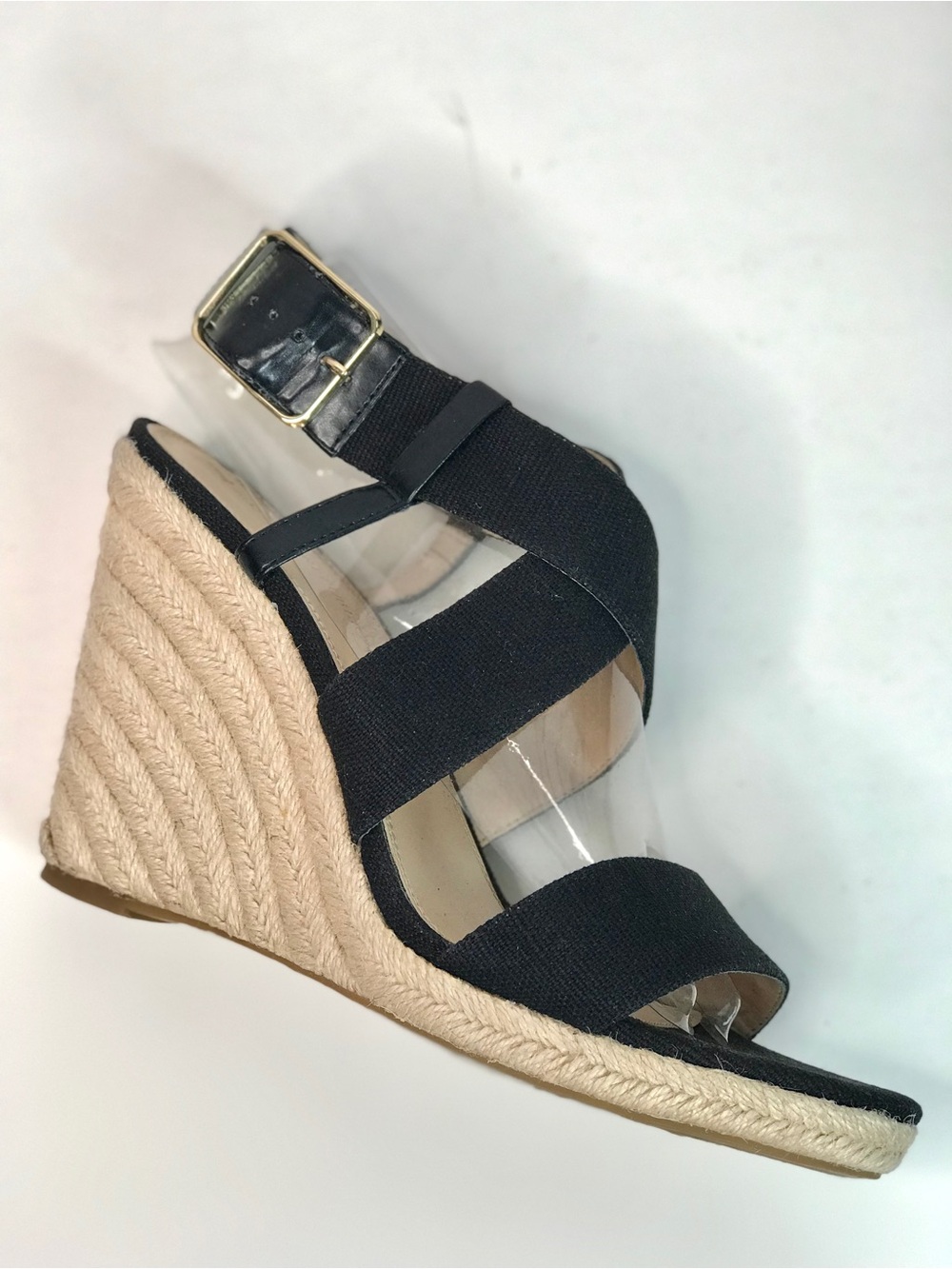 BANANA REPUBLIC TECLA Black Canvas Sz 9 Espadrille Wedge Crossover Ankle Strap - Picture 15 of 16
